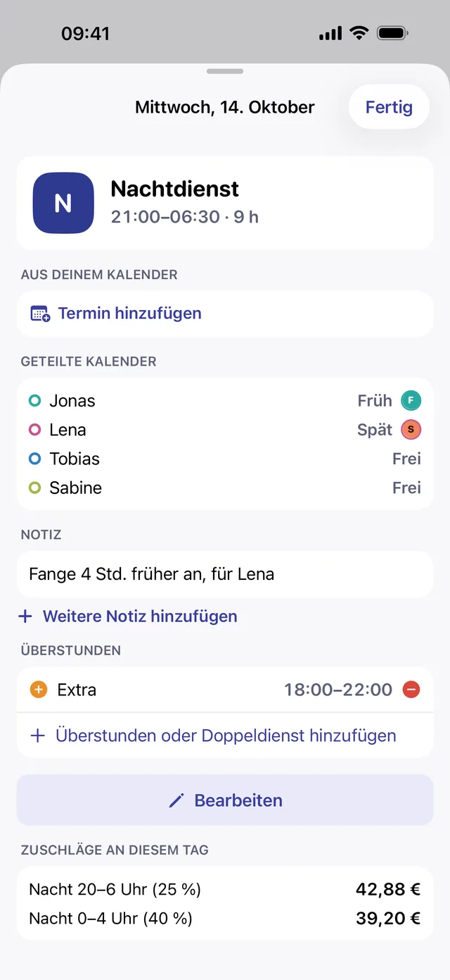 Tagesdetail mit Mehrstunden und Notizen