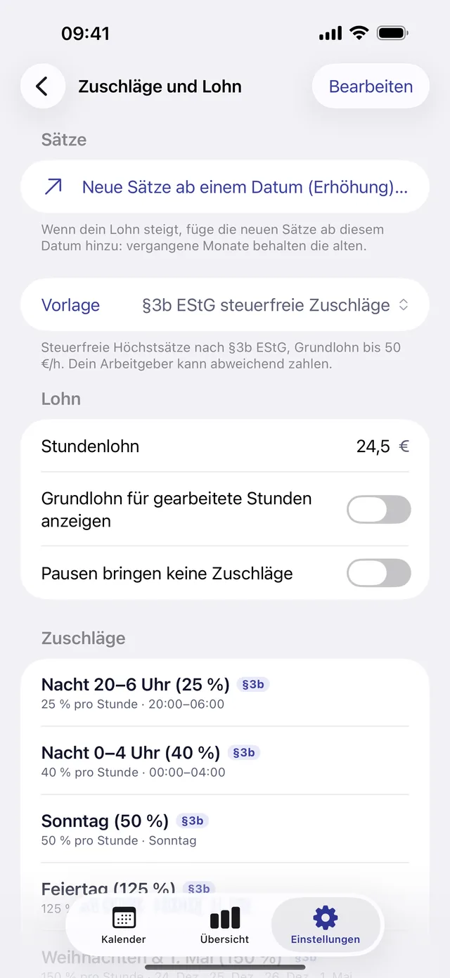 Einstellungen für Zuschläge und Lohn