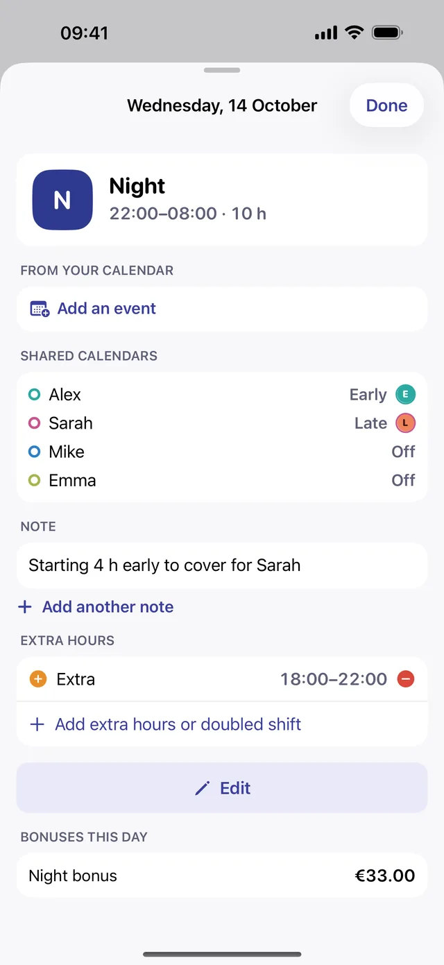 Day detail with extra hours and notes