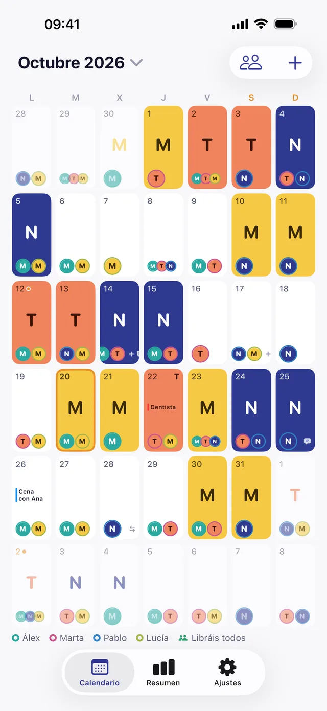 Calendario de octubre en Turnada con turnos de mañana, tarde y noche y los turnos de tu equipo