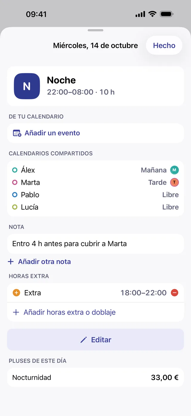 Detalle de un día con horas extra y notas