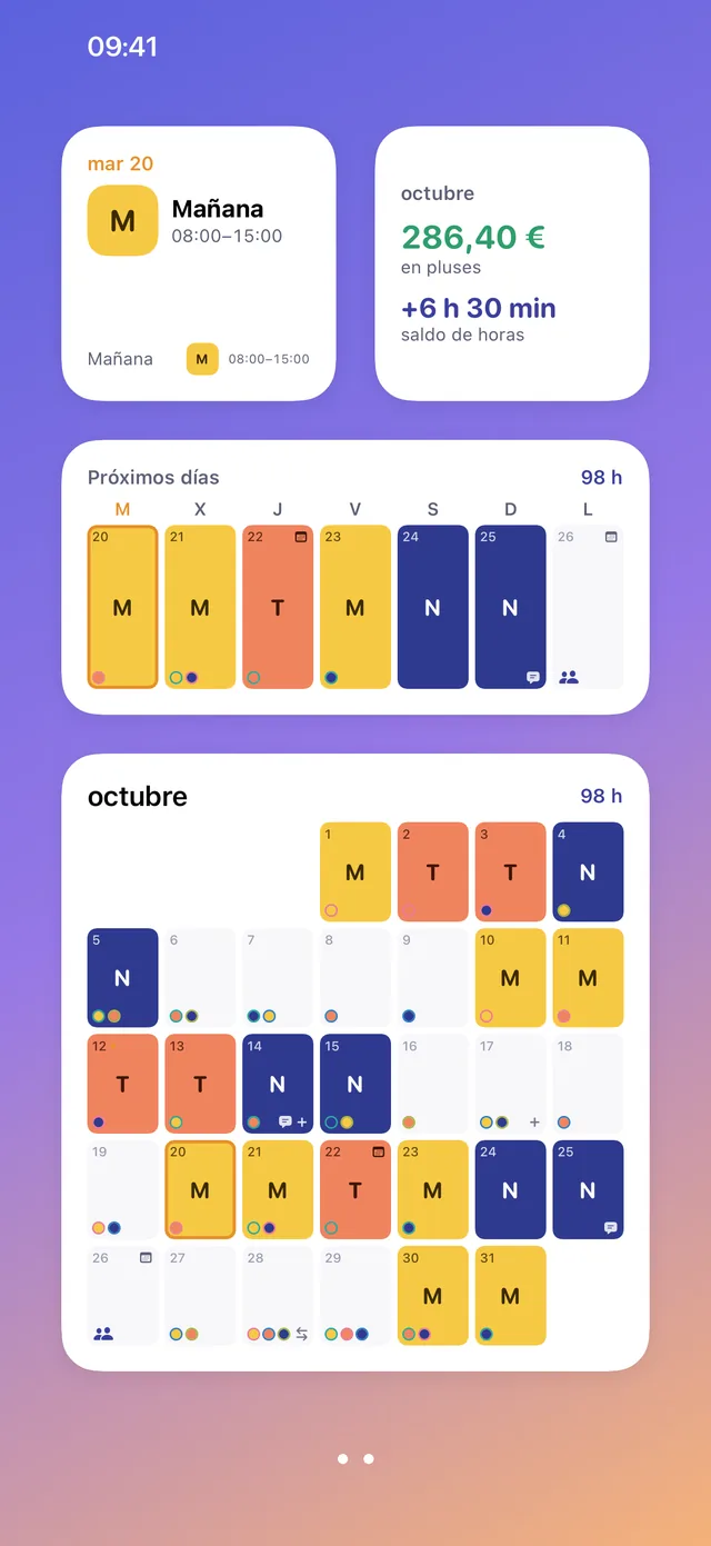 Pantalla de inicio con los widgets de Turnada: hoy, pluses y horas, próximos días y mes