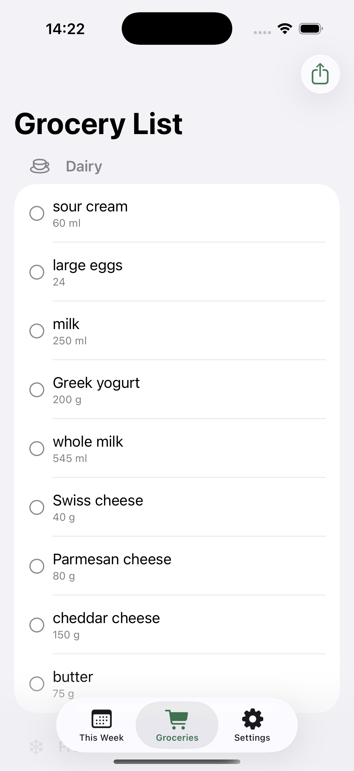 Grocery list organized by category
