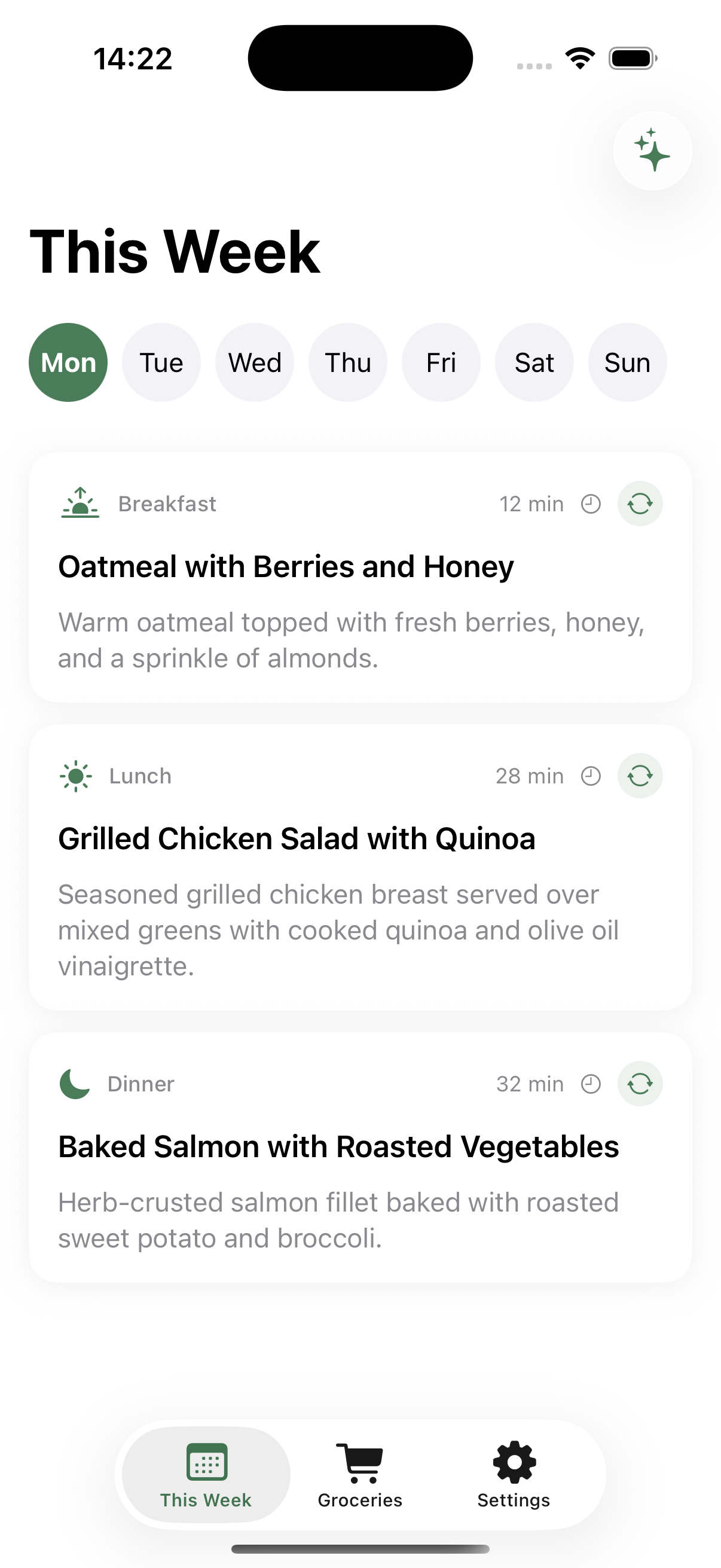 Weekly meal plan with breakfast, lunch and dinner