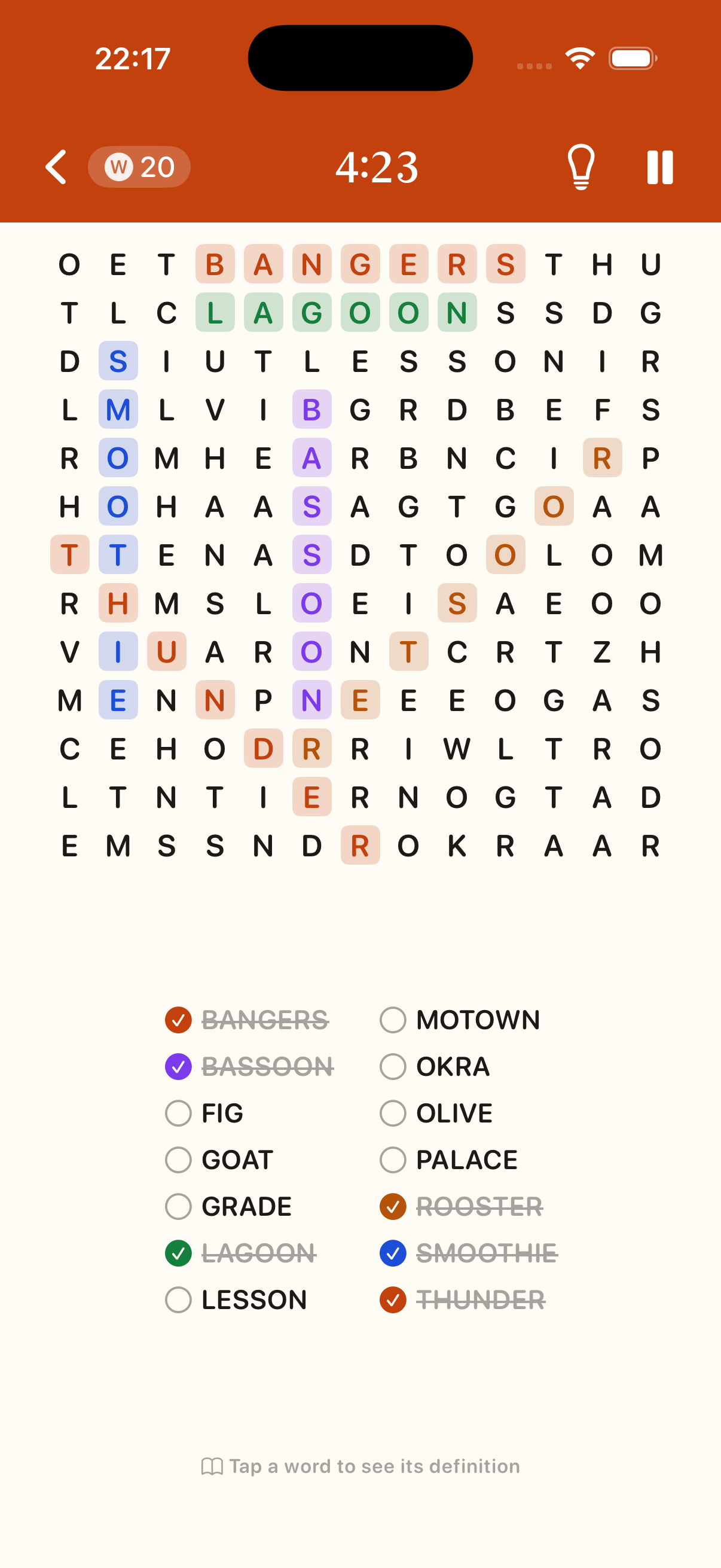 Word search gameplay with colorful highlighted found words