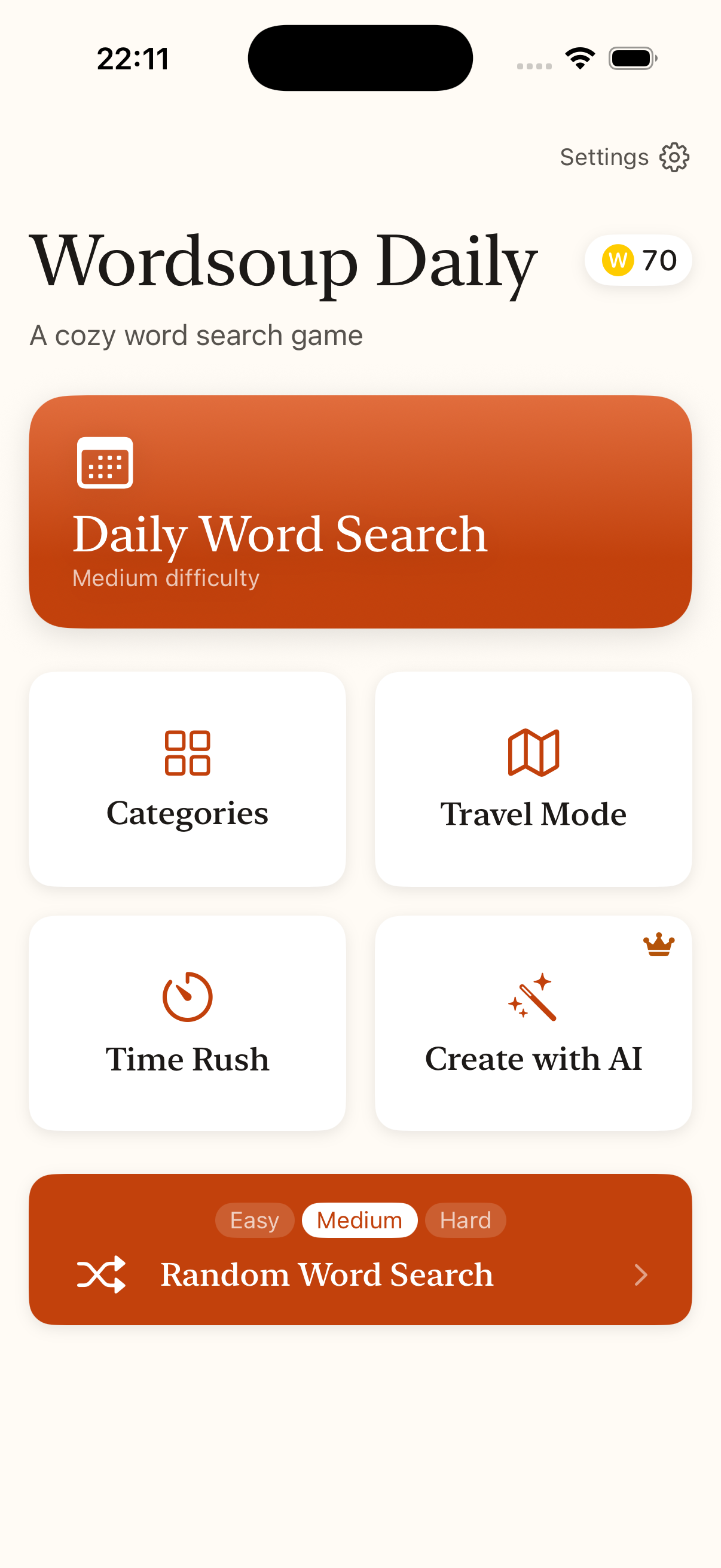 Wordsoup Daily home screen showing daily challenge, categories, travel mode, time rush, and AI creator